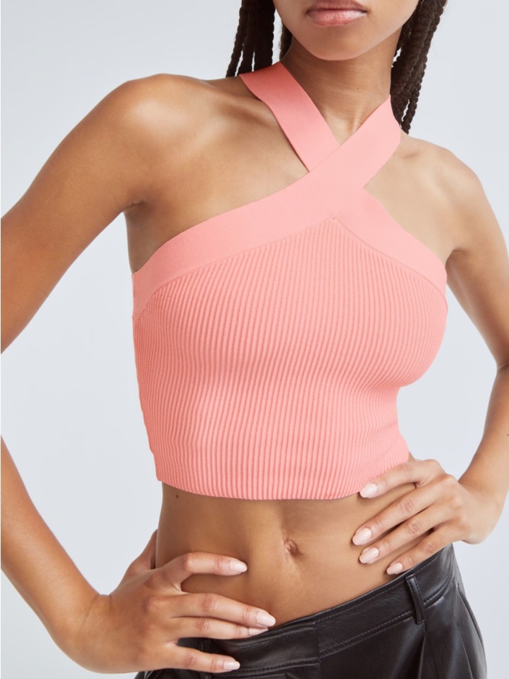 Babaton Pink Cross-Strap Ribbed Crop Top